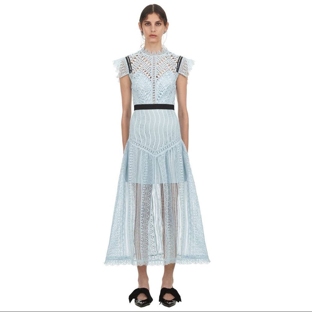 Self portrait blue abstract triangle lace midi dress size US 4